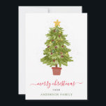 Modernes Weihnachtsbaum Snowy Family Foto Feiertagskarte<br><div class="desc">Begrüßen Sie Ihre Verwandten, Freunde und Lieben in dieser Weihnachtszeit mit dieser modernen und eleganten Weihnachtskarte. Es verfügt über einen Aquarellbaum, der mit farbenfrohen Weihnachtsbeleuchtung und Kirschen geschmückt ist, die in einem kleinen Schnee bestreut sind, und hat einen schlichten Schriftart mit roter Kalligrafie, der "Frohe Weihnachten" begrüßt. Sie können ein...</div>