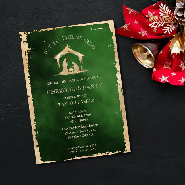 Modernes Weihnachtsessen Party Religiöse Geburt Feiertagskarte (gold nativity mery and joseph scene, green background
)