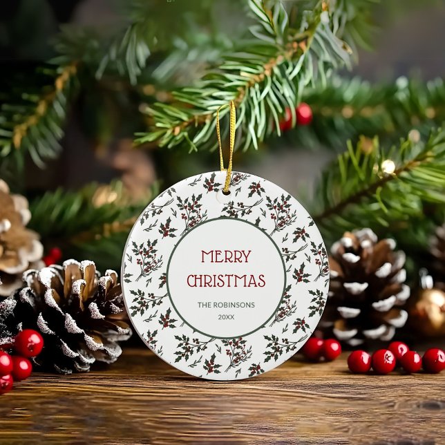 Modernes Weihnachtsmuster Botanischer Berries Keramik Ornament (Christmas Holly Plant Berries Ornament)