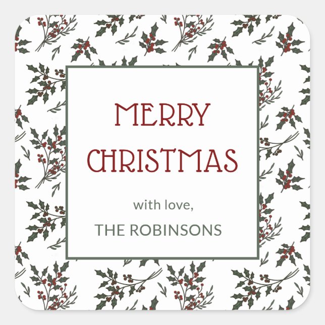 Modernes Weihnachtsmuster Botanischer Berries Quadratischer Aufkleber (Vorderseite)