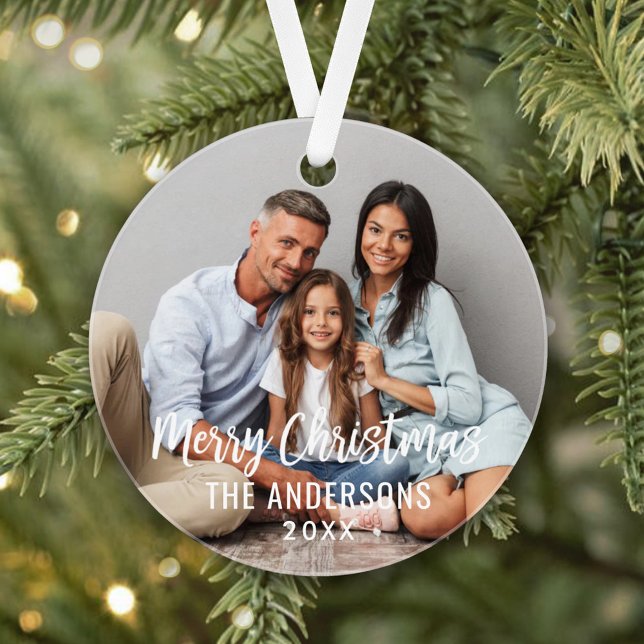 Modernes Weihnachtsskript Custom Family Foto Ornament (Von Creator hochgeladen)