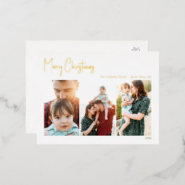 Modernes Weihnachtsskript Drei Foto | Gold Foil Ho Folien Feiertagspostkarte
