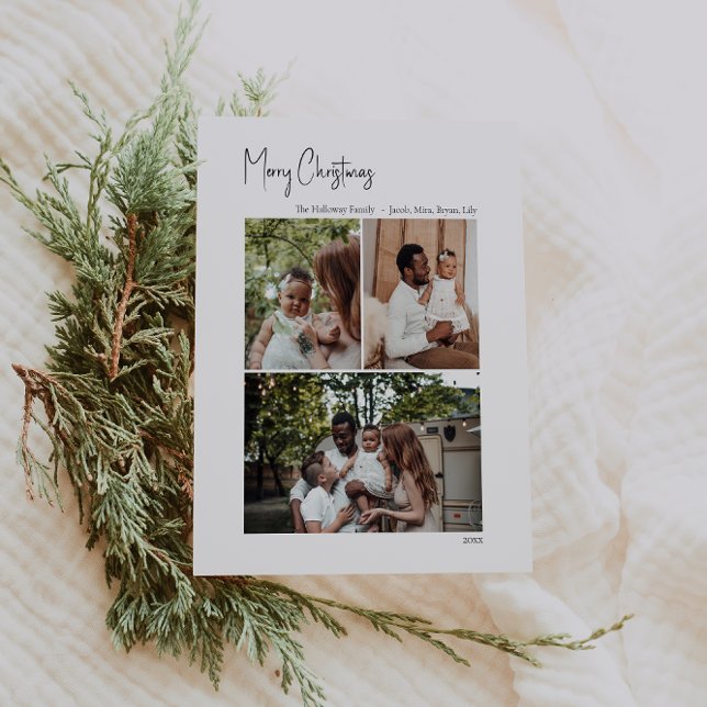 Modernes Weihnachtsskript Vertikal 3 Foto Feiertagskarte (Von Creator hochgeladen)