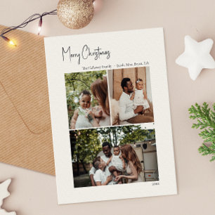 Modernes Weihnachtsskript Vertikal 3 Foto Feiertagspostkarte