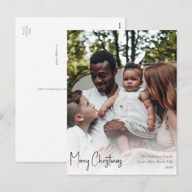 Modernes Weihnachtsskript Vollversenktes Foto Feiertagspostkarte (Vorne/Hinten)