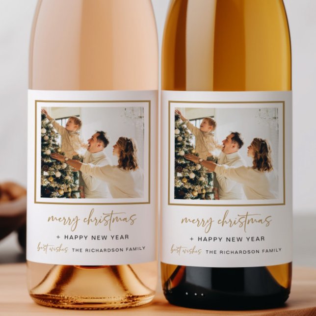 Modernes Weihnachtsweinflaschen Foto Geschenk Gold Weinetikett (Von Creator hochgeladen)