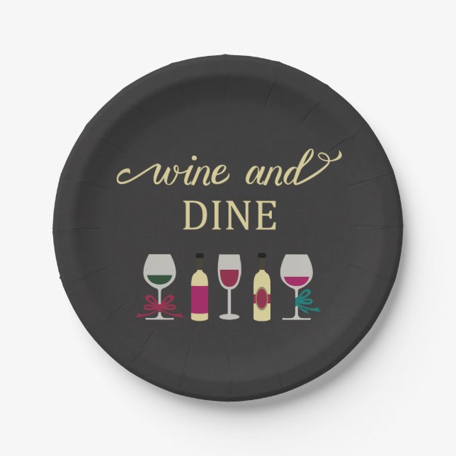 Modernes Wein-und Abendessen-Party-Schwarzes mit Pappteller (Vorderseite)