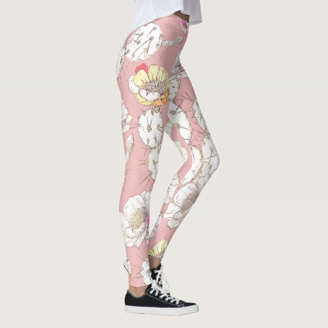 Modernes weißes goldfarbenes, rosa Catus-Floral-Mu Leggings (Rechts)