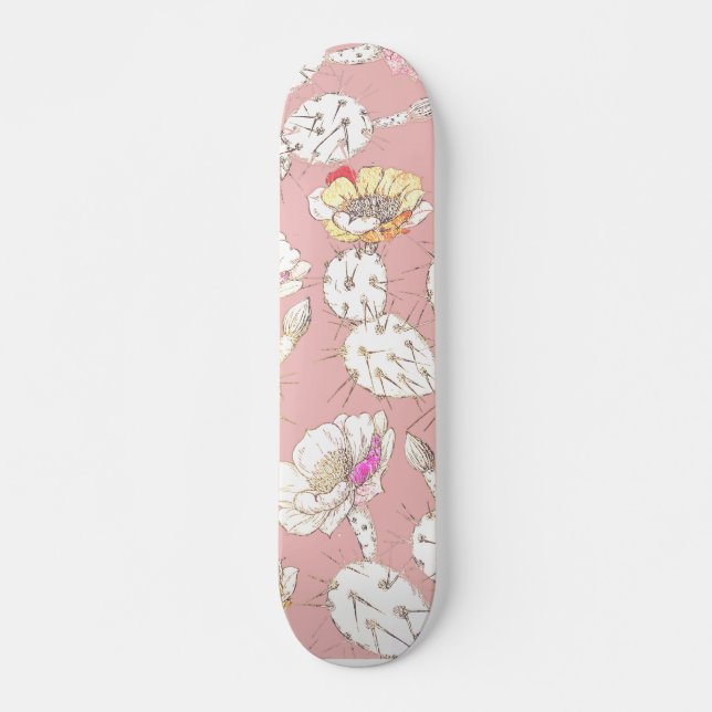 Modernes weißes goldfarbenes, rosa Catus-Floral-Mu Skateboard (Vorne)