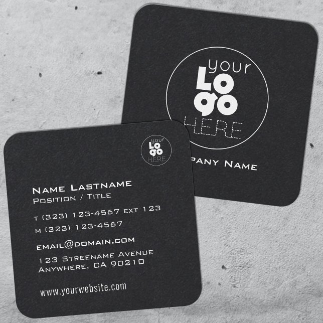 Modernes, weißes Logo auf der schwarzen Maskuline Quadratische Visitenkarte (Von Creator hochgeladen)