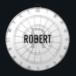 Modernes, weißes Monogramm-Namenspappe Dartscheibe<br><div class="desc">Moderne,  weiße Dartplatte mit schwarzem Typografienamen und grauem Monogramm. Personalisieren Sie mit Name und Initial.</div>