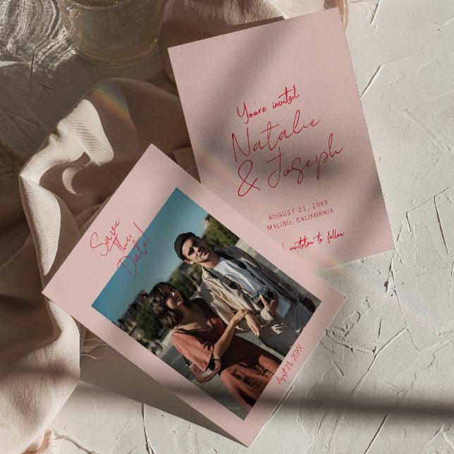 Modernes, weißes Rosa Retro Foto Hochzeit Save The Date (Von Creator hochgeladen)