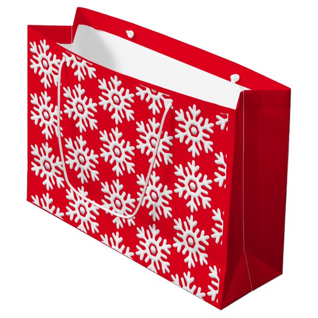 Modernes, weißes Schneeflocken rot Große Geschenktüte (Vorderseite Schrägansicht)