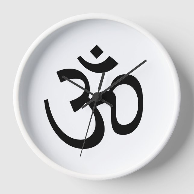 Modernes, weißes und schwarzes Yoga Om Om Icon Uhr (Vorderseite)