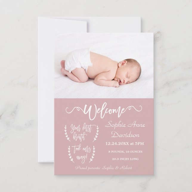 Modernes Welcome Foto Baby Girl Geburtserklärung Ankündigung (Vorderseite)