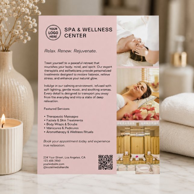 Modernes Wellness-Center Wellness Pink Werbeuntern Flyer (Modern Spa Wellness Pink Promotional Business Flyer)