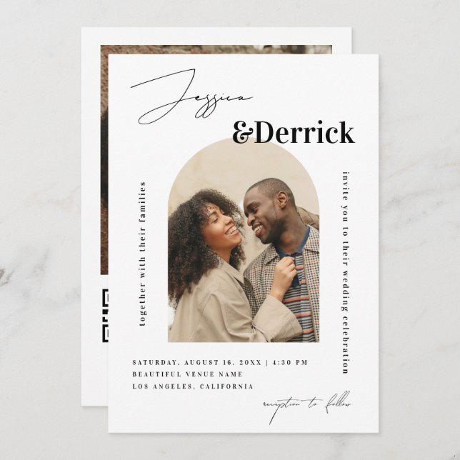 Modernes White Arch 2 Fotos Minimal QR Code Hochze Einladung (Vorne/Hinten)