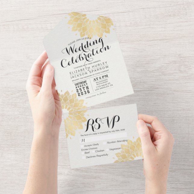 Modernes White Gold Mandala Blume Chic Wedding RSV All In One Einladung (Abreißen)