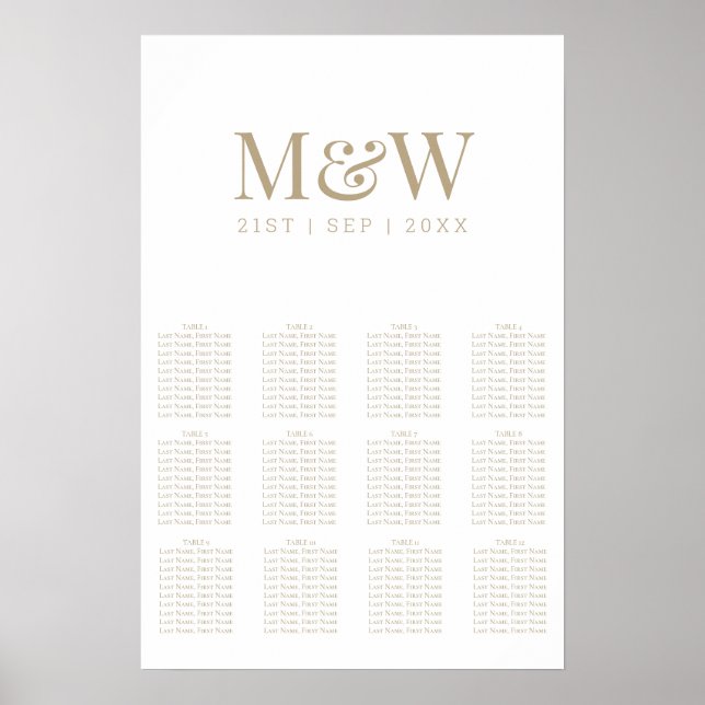 Modernes White Gold Monogram Seating Chart Poster (Vorne)