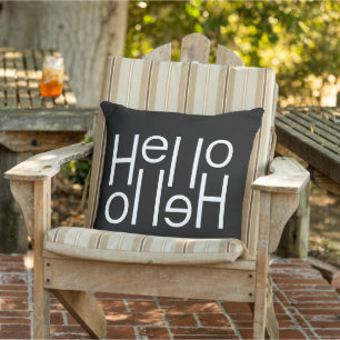 Modernes White Hello Welcome Word Art auf Black Kissen