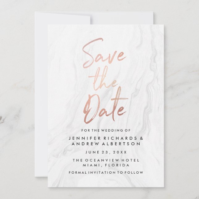 Modernes White Marble Rose Gold Script Save the Da Save The Date (Vorderseite)