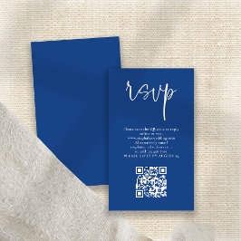 Modernes White Script Blue QR Code Wedding RSVP Begleitkarte