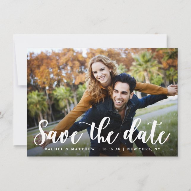 Modernes White Script-Foto Save the Date (Vorderseite)