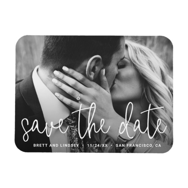 Modernes White Script Typografy Foto Save the Date Magnet (Horizontal)