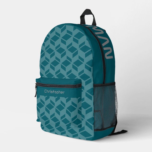 Modernes Wiederholmuster Aquamarin Bedruckter Rucksack (Rückseitige Ecke Rechts)