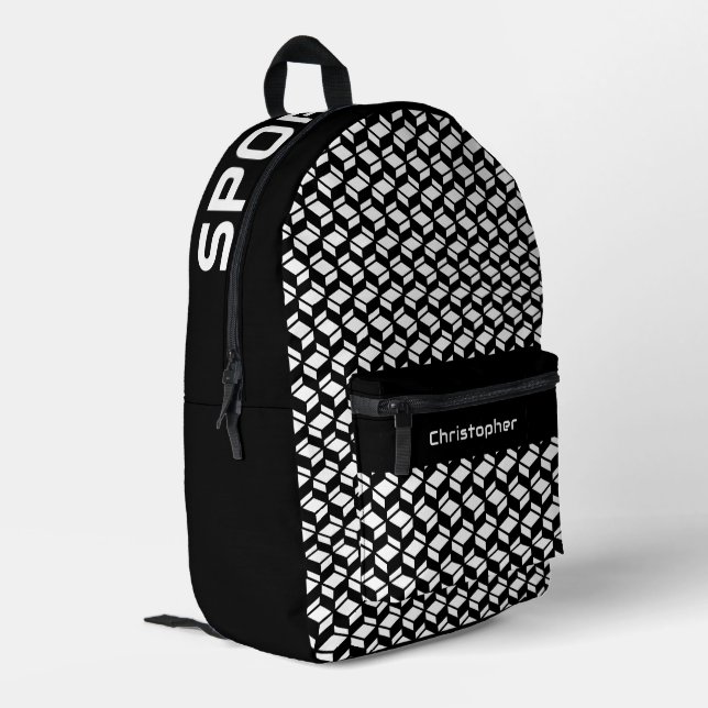 Modernes Wiederholmuster Schwarz-weiß Bedruckter Rucksack (Rückseitige Ecke links)
