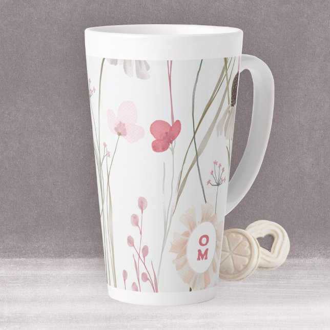 Modernes Wildblume Monogram Pink Green Milchtasse (Modern Light Wildflower Monogram Pink Green Latte Mug ©Susanne Sachers - Sunny Mind Design 🌞)