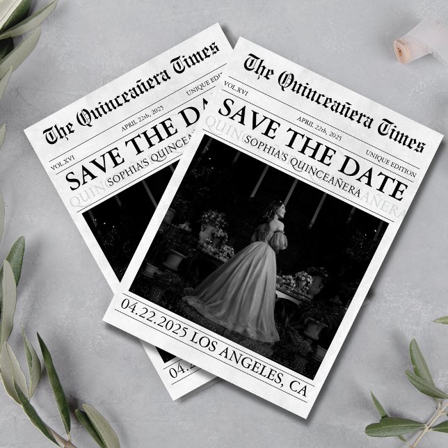 Modernes Zeitungsquinceñera-Foto Save the Date Einladung (Von Creator hochgeladen)
