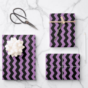 Modernes Zickzack Lila-Schwarz-Streifen-Muster Geschenkpapier Set