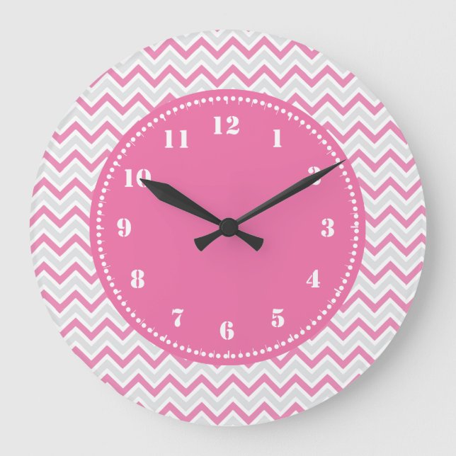 Modernes Zickzack Muster Girly Pink Große Wanduhr (Vorderseite)