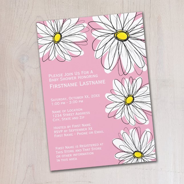 Modernes Zickzack Muster und eine gespenstische Ki Einladung (Whimsical Daisy Baby Shower Invitation - Pastel Pink)