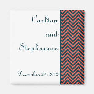 Modernes Zickzack Neon Coral/Navy Wedding Magnet