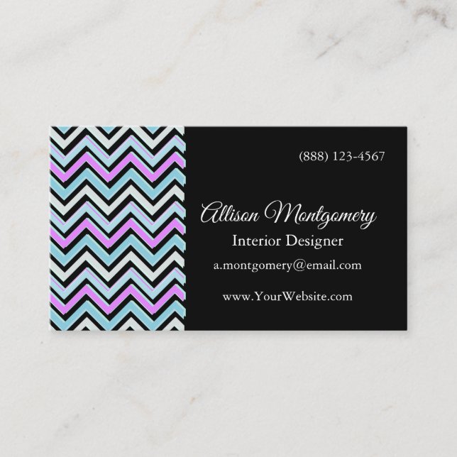 Modernes Zickzack Schwarz, Blau, Weiß und Rosa Visitenkarte (Vorderseite)