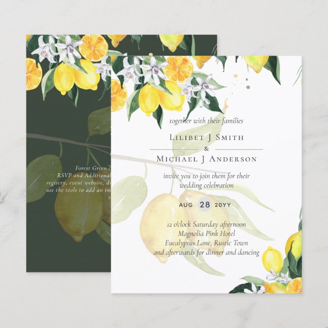 Modernes Zitronenbaum Hochzeit Einladung Elegant (Vorne/Hinten)