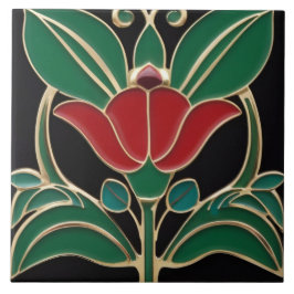 Modernist Art Nouveau Bold Black Green Blume Fliese