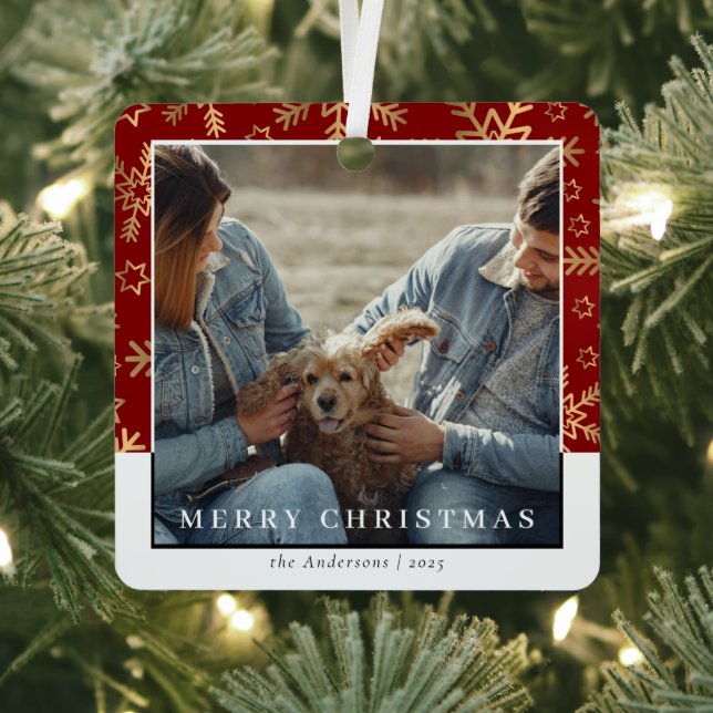 Modernl Stylish Red Gold Christmas Couple Foto Ornament Aus Metall (InSitu)