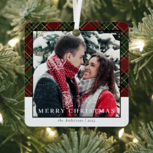 Modernl Stylish Red Kariert Christmas Couple Foto Ornament Aus Metall