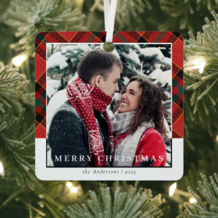 Modernl Stylish Red Kariert Christmas Couple Foto Ornament Aus Metall