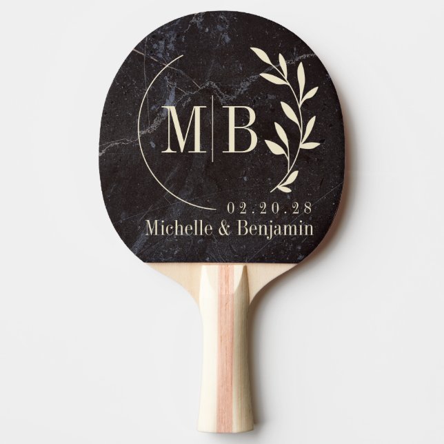 Modest Dark Stone  Leaf Wedding Monogram Tischtennis Schläger (Vorderseite)