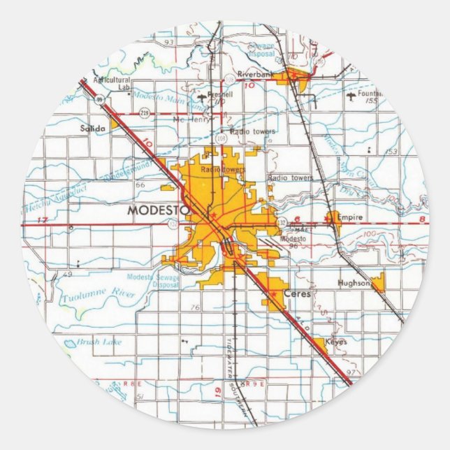 Modesto California Vintag Map Runder Aufkleber (Vorderseite)