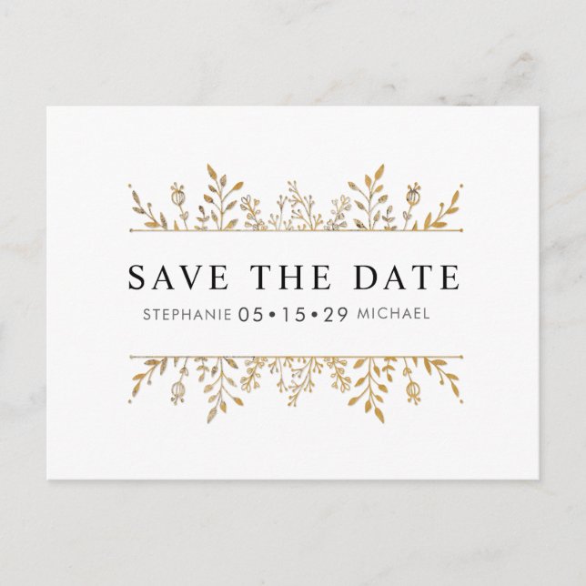 Modisch elegant Gold Leaf Chic Save the Date Ankündigungspostkarte (Vorderseite)