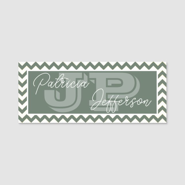 Modisch Sage Green Zickzack: Einzigartig Mit Monog Namensschild (Vorderseite)