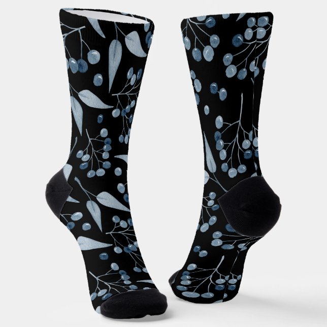 Modisch Schwarz mit blauen Botanicals Berries Socken (Gewinkelt)