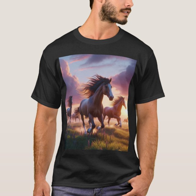 Modisch: Schwarzer T - Shirt mit Laufpferd (Vorderseite)