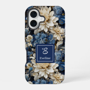 Modische blaue und elfenbeinfarbene Blumen stilvol iPhone 16 Hülle