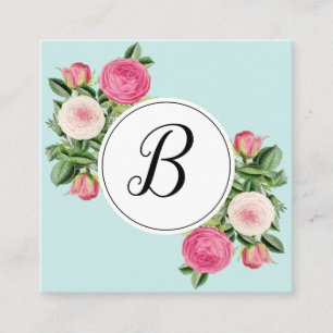 Modische florale blaue Monogramm-Rosengeschäftskar Quadratische Visitenkarte